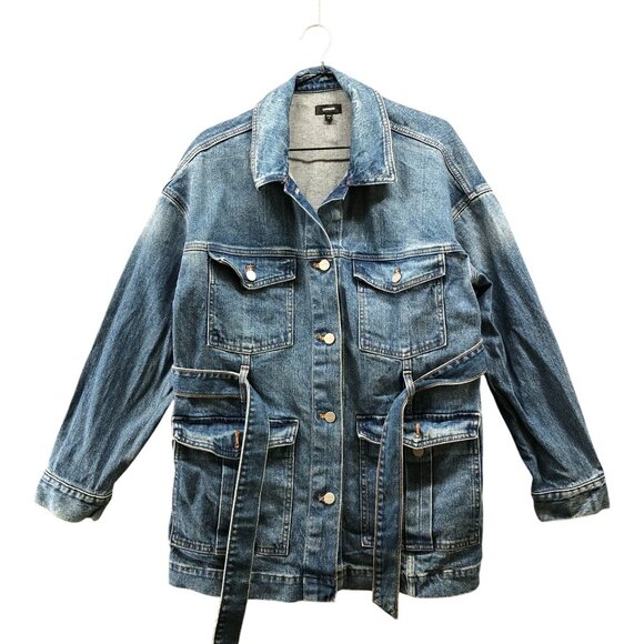 H&M Medium Wash Denim Chore Jacket Womens M Belted Oversized Blue Mid Length - Picture 1 of 9